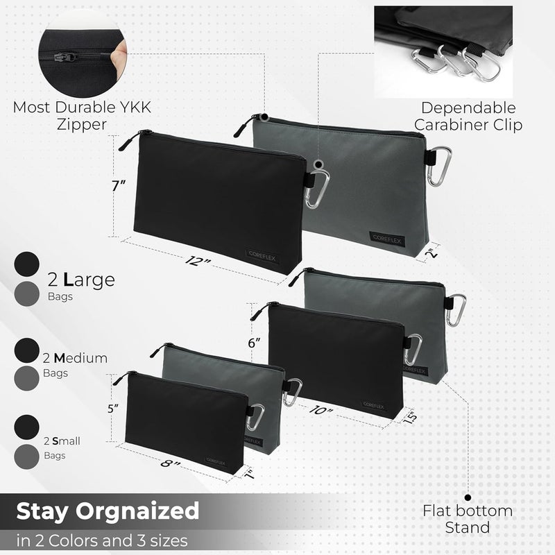 COREFLEX Premium Tool Pouch Zipper Bag, Small Tool Bag, Multipurpose Storage pouch, Heavy duty Flat Bottom Tool bag with YKK Zipper (6 pack Combo mixed size Black &Grey) - Image 2